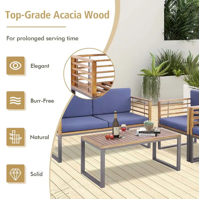 Costway 4pcs Patio Acacia Wood Chair Table Loveseat Cushioned - See Details