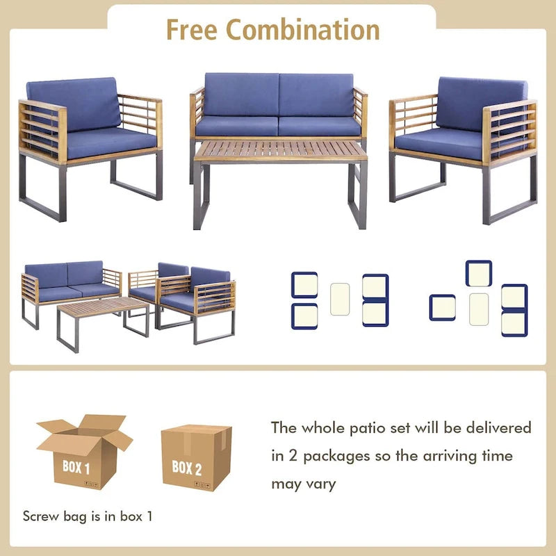 Costway 4pcs Patio Acacia Wood Chair Table Loveseat Cushioned - See Details