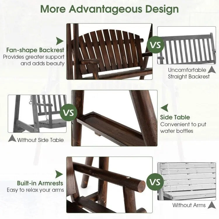 2-Person Outdoor Wooden Porch Swing with an Adjustable Canopy - 80 x 53.5 x 66 (L X W X H)