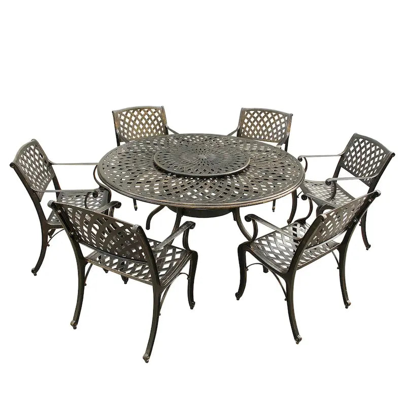 Outdoor Lattice 59-in. Round Dining Set with Lazy Susan and Six Chairs