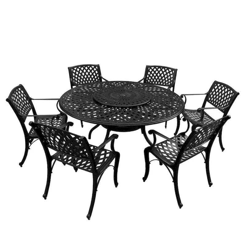 Outdoor Lattice 59-in. Round Dining Set with Lazy Susan and Six Chairs