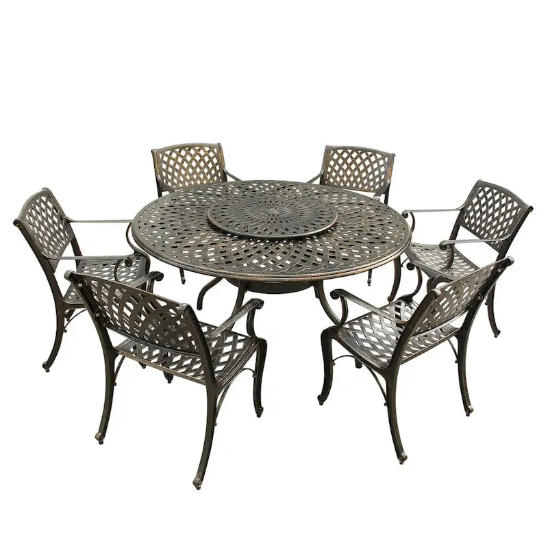 Outdoor Lattice 59-in. Round Dining Set with Lazy Susan and Six Chairs