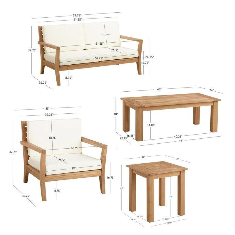 Clermont Outdoor Solid Teak Wood 5 Piece Patio Conversation Set