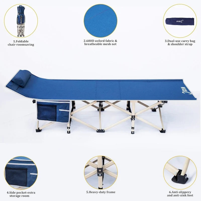 Camping Cots, Folding Cot, with Pillow, Carry Bag & Storage Pocket, Heavy Duty Holds Up to 500 Lbs, Outdoor&Indoor - 74 x 26.5