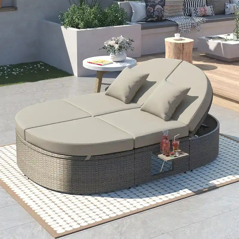 Outdoor Sun Bed Patio 2-Person Daybed with Cushions and Pillows, Rattan Garden Reclining Chaise Lounge