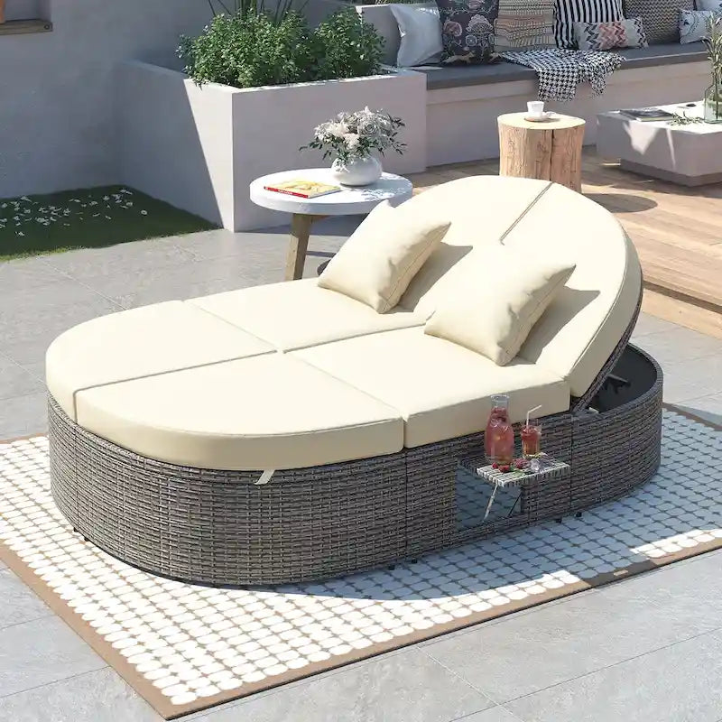Outdoor Sun Bed Patio 2-Person Daybed with Cushions and Pillows, Rattan Garden Reclining Chaise Lounge