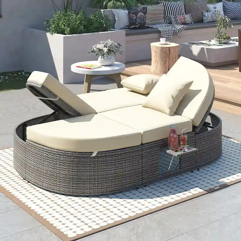 Outdoor Sun Bed Patio 2-Person Daybed with Cushions and Pillows, Rattan Garden Reclining Chaise Lounge