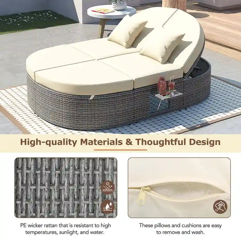 Outdoor Sun Bed Patio 2-Person Daybed with Cushions and Pillows, Rattan Garden Reclining Chaise Lounge