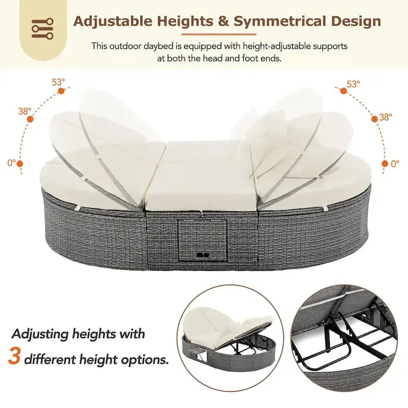 Outdoor Sun Bed Patio 2-Person Daybed with Cushions and Pillows, Rattan Garden Reclining Chaise Lounge