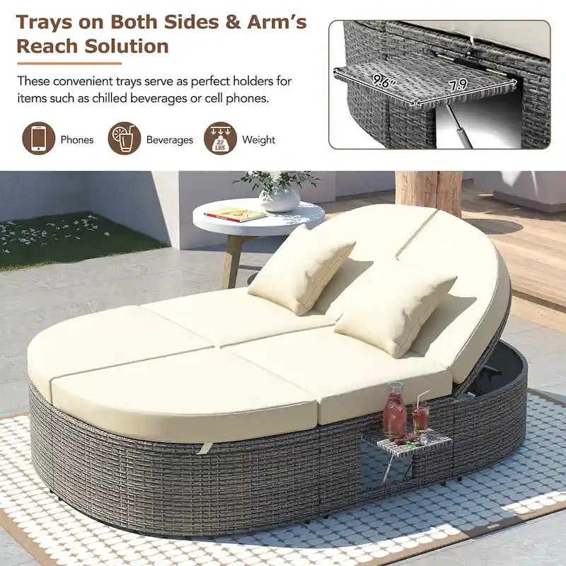 Outdoor Sun Bed Patio 2-Person Daybed with Cushions and Pillows, Rattan Garden Reclining Chaise Lounge