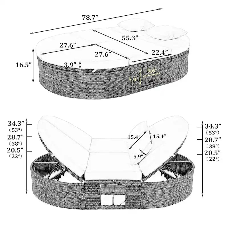 Outdoor Sun Bed Patio 2-Person Daybed with Cushions and Pillows, Rattan Garden Reclining Chaise Lounge