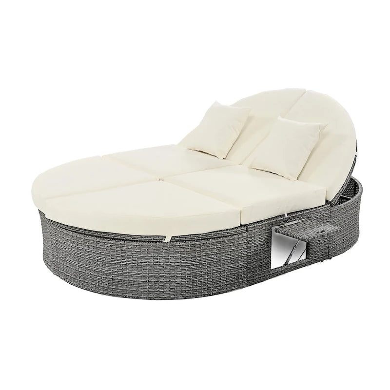 Outdoor Sun Bed Patio 2-Person Daybed with Cushions and Pillows, Rattan Garden Reclining Chaise Lounge