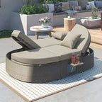 Outdoor Sun Bed Patio 2-Person Daybed with Cushions and Pillows, Rattan Garden Reclining Chaise Lounge