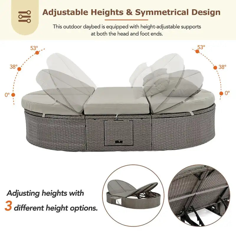 Outdoor Sun Bed Patio 2-Person Daybed with Cushions and Pillows, Rattan Garden Reclining Chaise Lounge