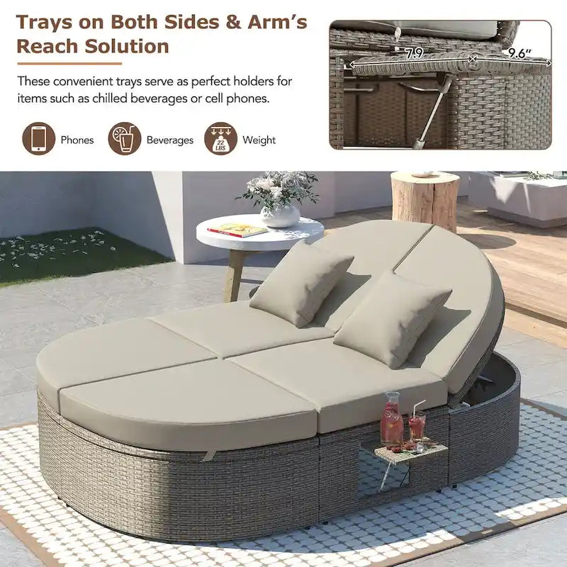 Outdoor Sun Bed Patio 2-Person Daybed with Cushions and Pillows, Rattan Garden Reclining Chaise Lounge
