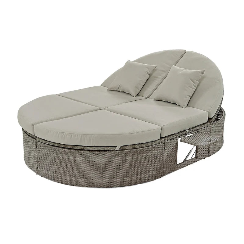Outdoor Sun Bed Patio 2-Person Daybed with Cushions and Pillows, Rattan Garden Reclining Chaise Lounge