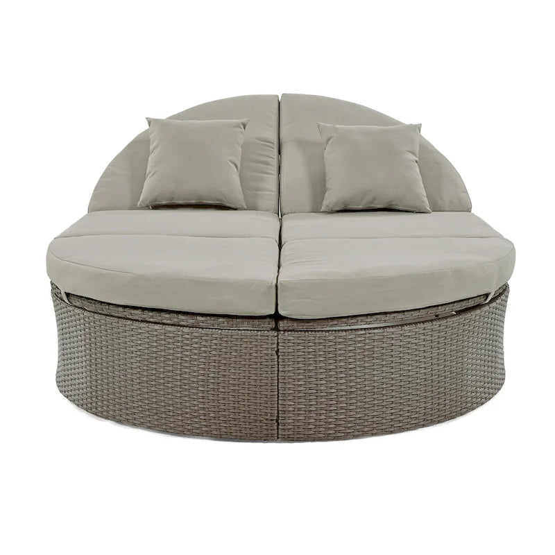 Outdoor Sun Bed Patio 2-Person Daybed with Cushions and Pillows, Rattan Garden Reclining Chaise Lounge