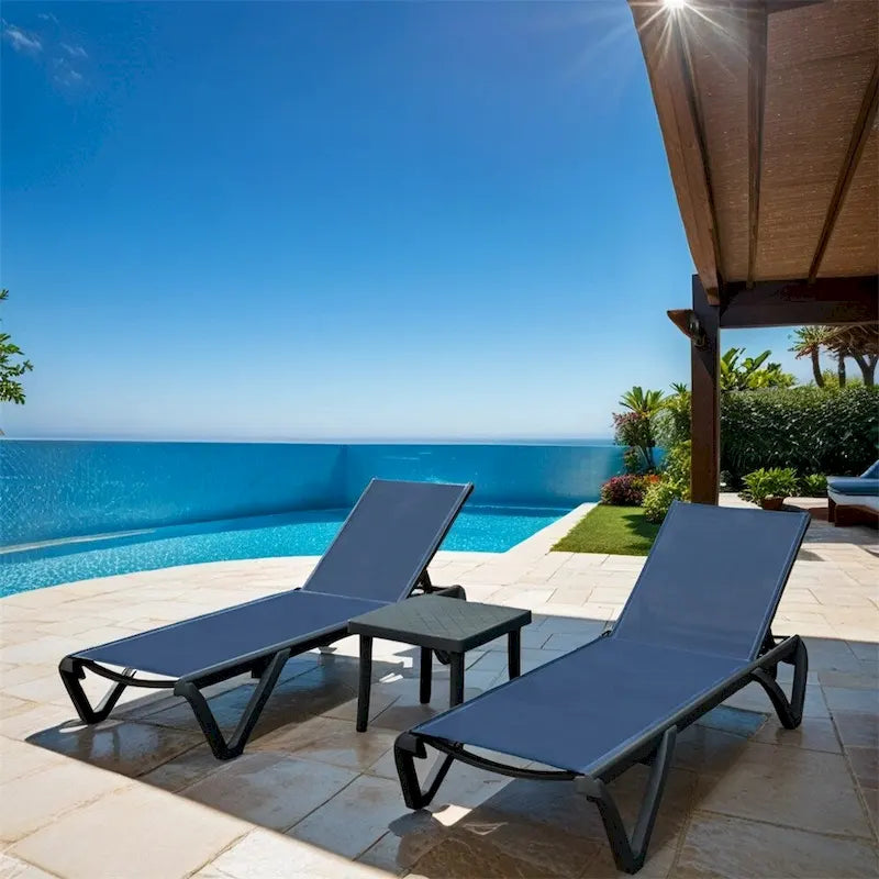 Outdoor Adjustable Backrest Lounge Chair with Side Table (Set of 3) - N/A