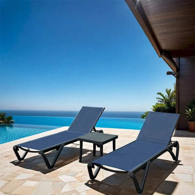 Outdoor Adjustable Backrest Lounge Chair with Side Table (Set of 3) - N/A