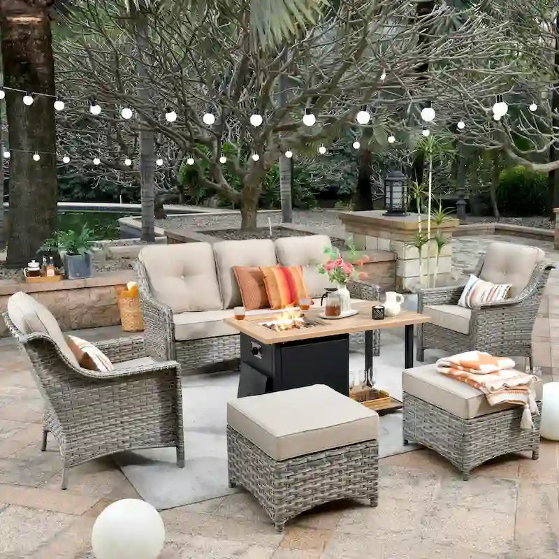 XIZZI 6-piece Wicker Patio Furniture Conversation Seating Set with Fire Pit