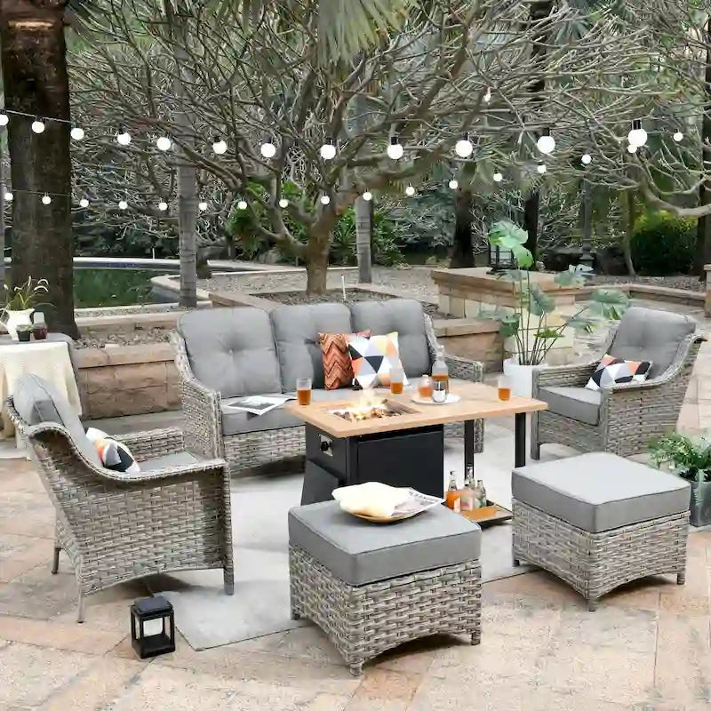 XIZZI 6-piece Wicker Patio Furniture Conversation Seating Set with Fire Pit