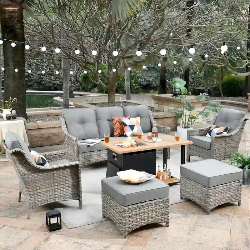 XIZZI 6-piece Wicker Patio Furniture Conversation Seating Set with Fire Pit