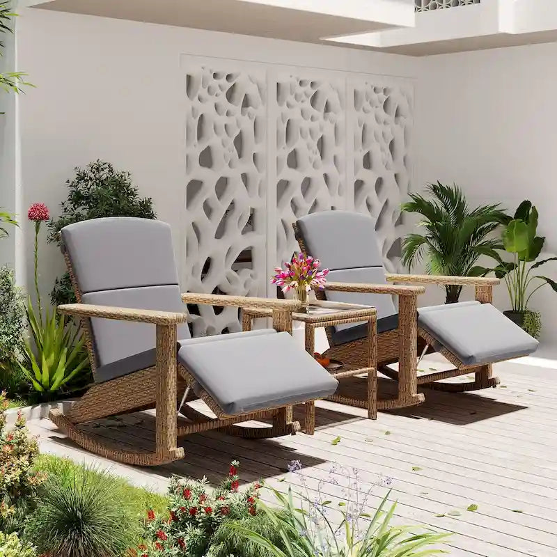 Adjustable Outdoor Wicker Double Rocking Chair Lounges with Coffee Table for Backyard, Garden, Poolside