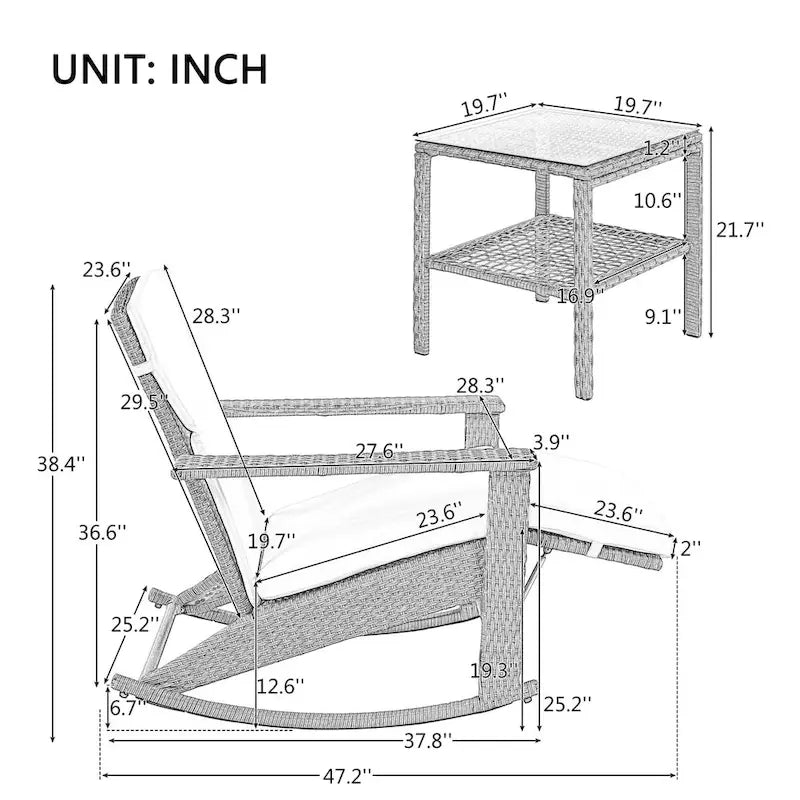 Adjustable Outdoor Wicker Double Rocking Chair Lounges with Coffee Table for Backyard, Garden, Poolside