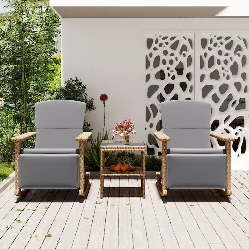 Adjustable Outdoor Wicker Double Rocking Chair Lounges with Coffee Table for Backyard, Garden, Poolside