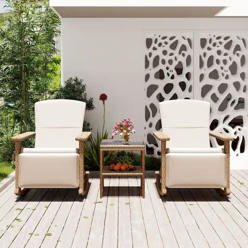 Adjustable Outdoor Wicker Double Rocking Chair Lounges with Coffee Table for Backyard, Garden, Poolside