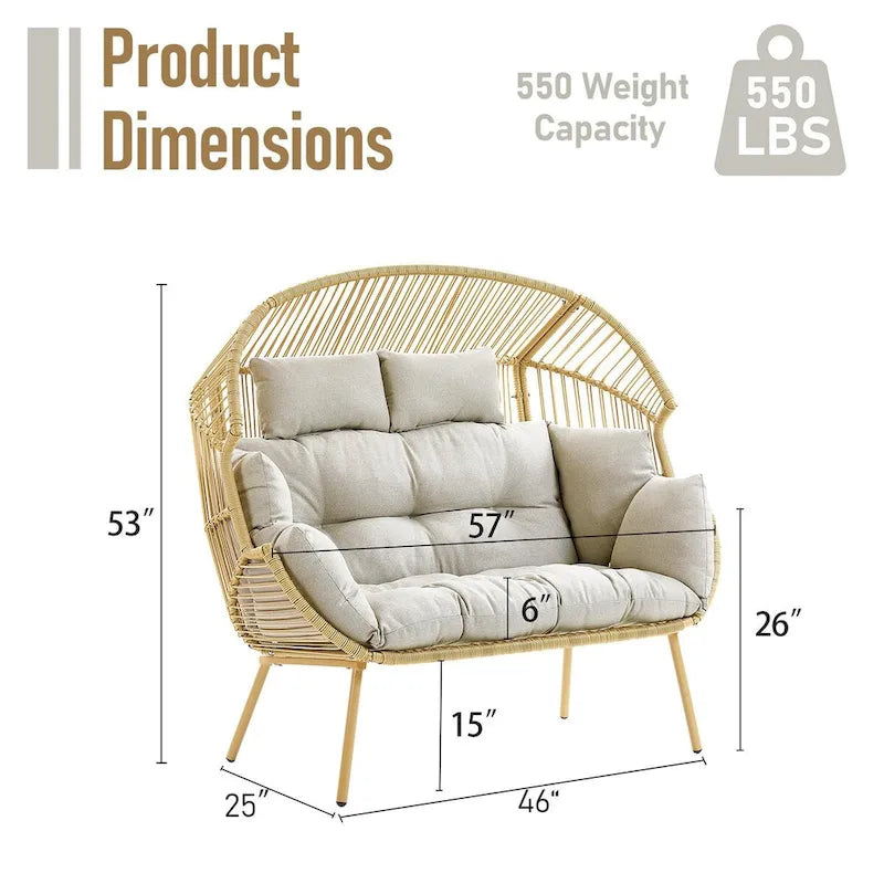 2-Seat Wicker Double Egg Chair with Cushion - Yellow