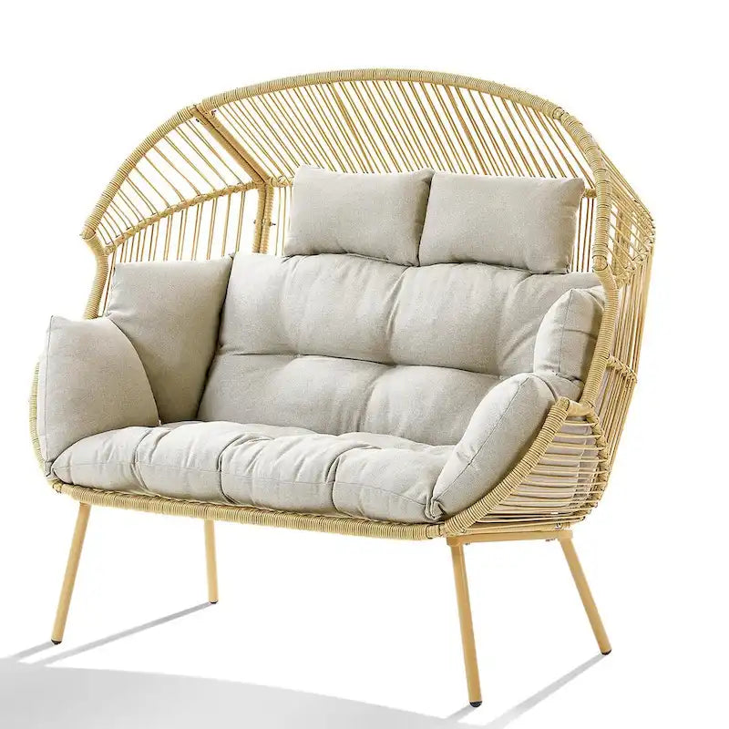 2-Seat Wicker Double Egg Chair with Cushion - Yellow