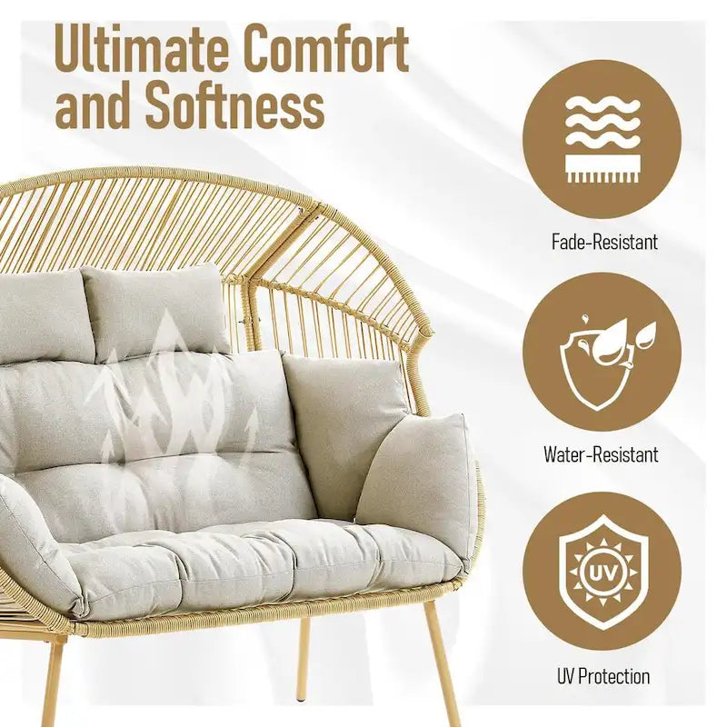 2-Seat Wicker Double Egg Chair with Cushion - Yellow