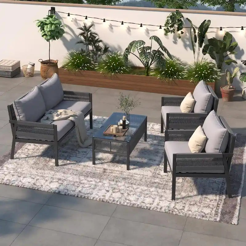 4-Piece Patio Furniture Set: Outdoor Seating with Tempered Glass Table, Thick Cushions