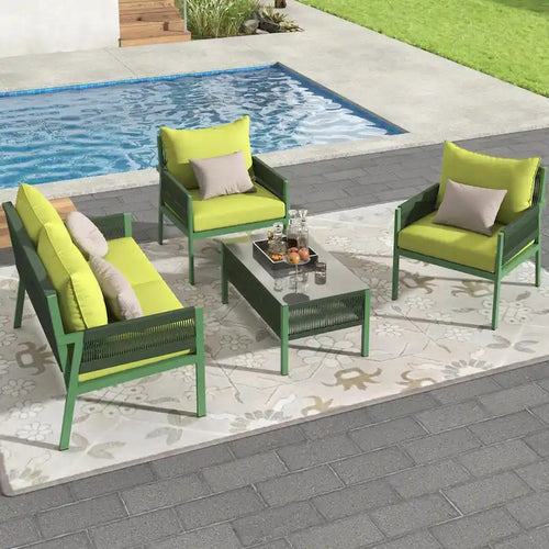 4-Piece Patio Furniture Set: Outdoor Seating with Tempered Glass Table, Thick Cushions