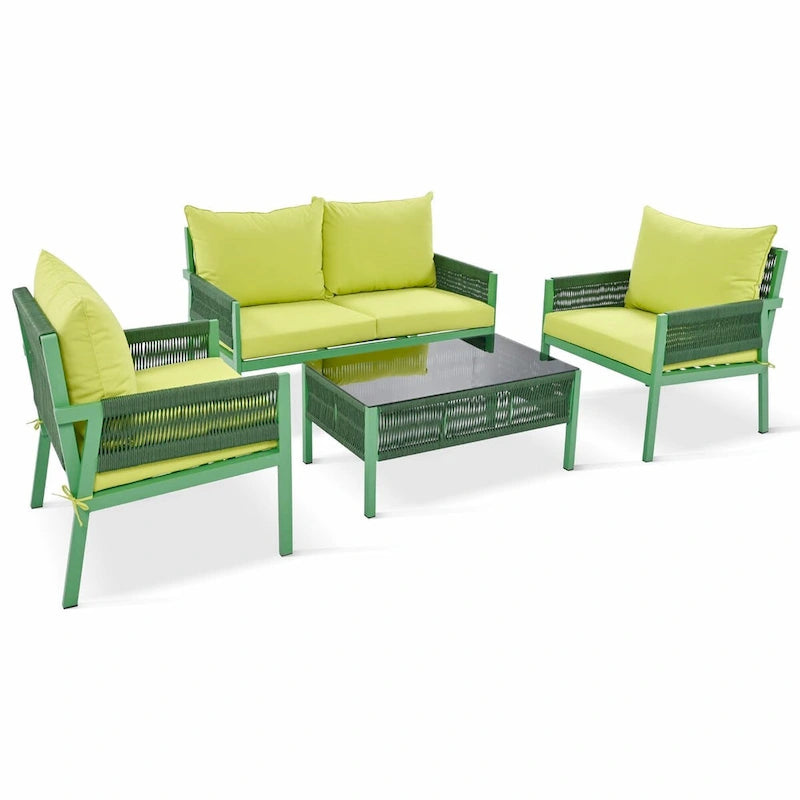 4-Piece Patio Furniture Set: Outdoor Seating with Tempered Glass Table, Thick Cushions