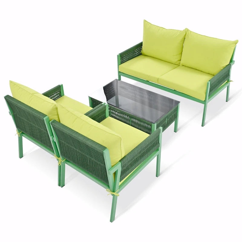 4-Piece Patio Furniture Set: Outdoor Seating with Tempered Glass Table, Thick Cushions