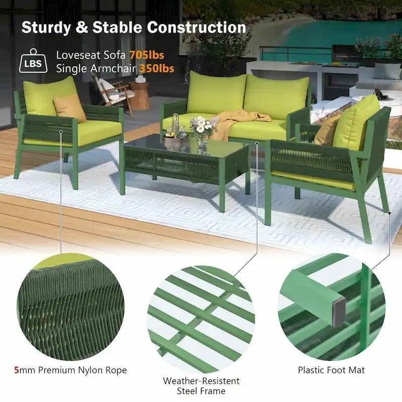 4-Piece Patio Furniture Set: Outdoor Seating with Tempered Glass Table, Thick Cushions
