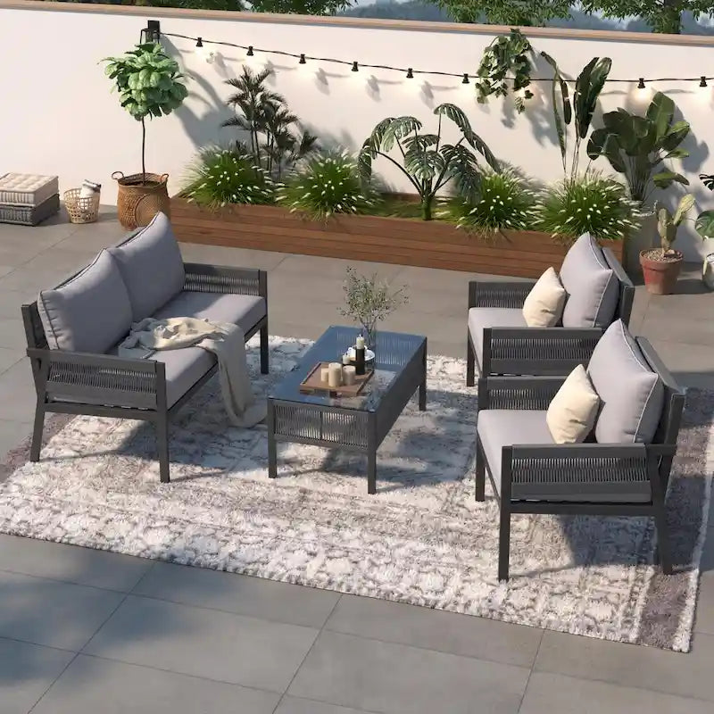 4-Piece Patio Furniture Set: Outdoor Seating with Tempered Glass Table, Thick Cushions