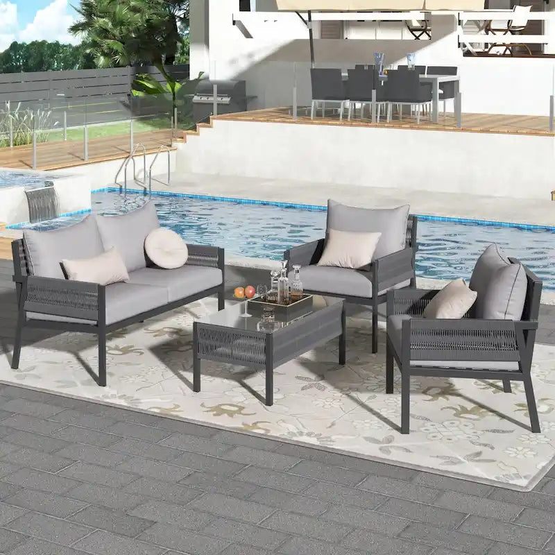 4-Piece Patio Furniture Set: Outdoor Seating with Tempered Glass Table, Thick Cushions