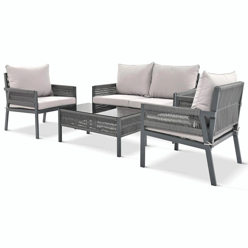 4-Piece Patio Furniture Set: Outdoor Seating with Tempered Glass Table, Thick Cushions