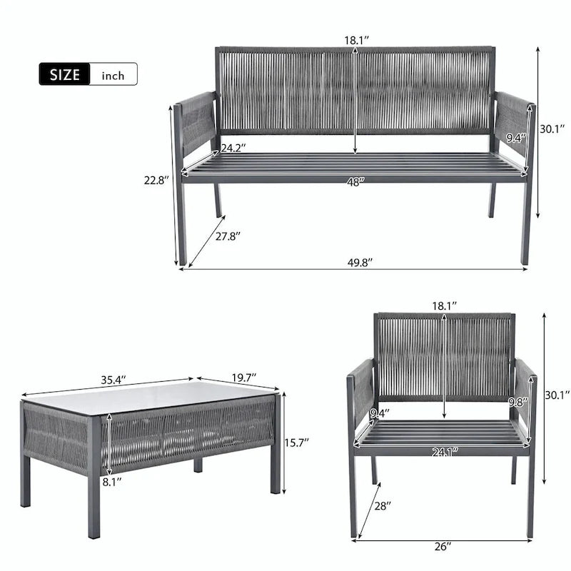 4-Piece Patio Furniture Set: Outdoor Seating with Tempered Glass Table, Thick Cushions