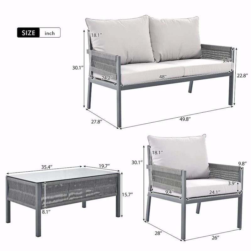 4-Piece Patio Furniture Set: Outdoor Seating with Tempered Glass Table, Thick Cushions