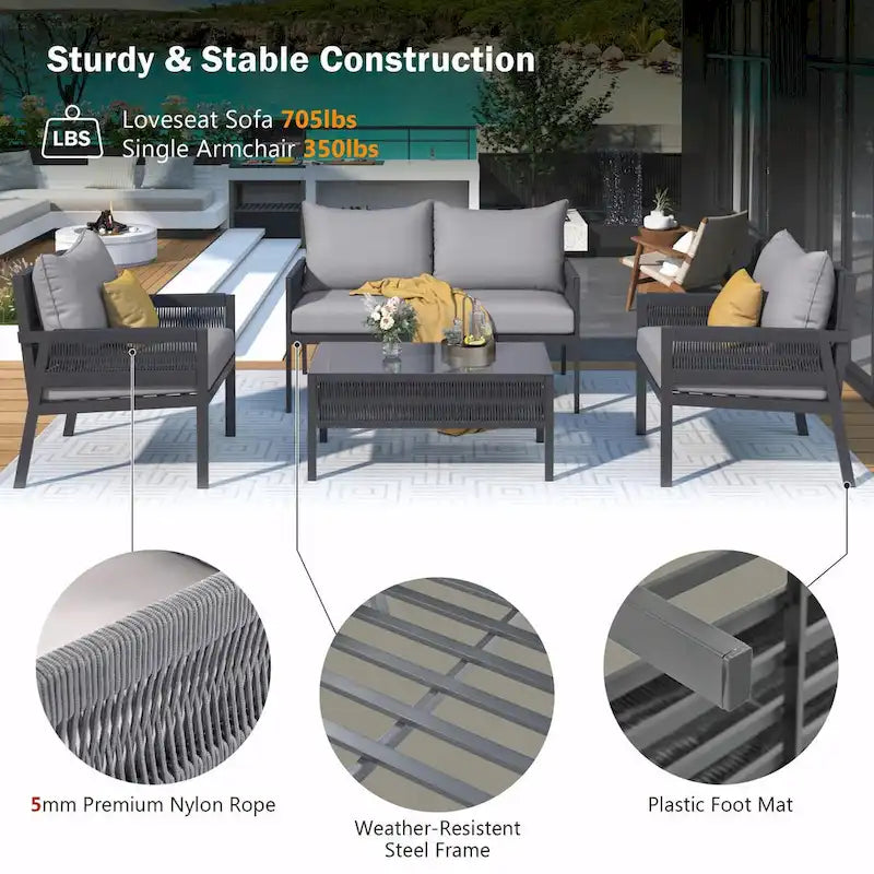 4-Piece Patio Furniture Set: Outdoor Seating with Tempered Glass Table, Thick Cushions