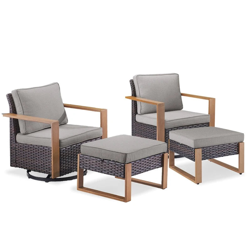 Gymojoy Outdoor Wicker Rattan Swivel Chair with Ottomans - Brown