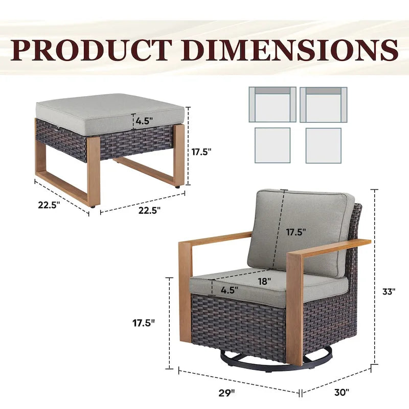 Gymojoy Outdoor Wicker Rattan Swivel Chair with Ottomans - Brown