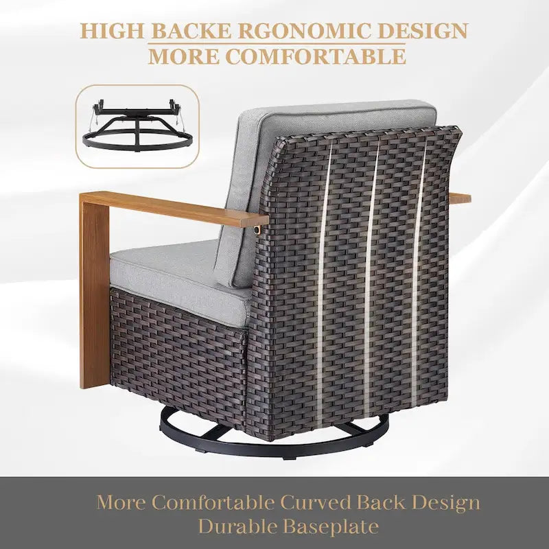Gymojoy Outdoor Wicker Rattan Swivel Chair with Ottomans - Brown
