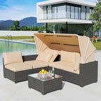 6-Piece Outdoor Patio Furniture Sets PE Rattan Daybed with Retractable Canopy