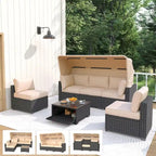 6-Piece Outdoor Patio Furniture Sets PE Rattan Daybed with Retractable Canopy