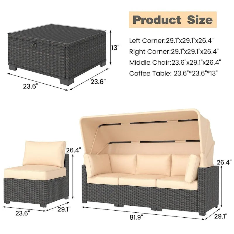 6-Piece Outdoor Patio Furniture Sets PE Rattan Daybed with Retractable Canopy